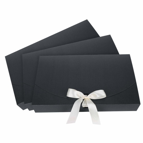 10 stk gaveeske, rektangulær pappeske 26 * 17,5 * 3 cm med lokk og dekorativt satengbånd, teksturerte gaveesker, svart