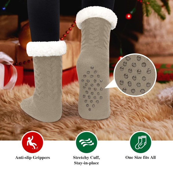 Tøffelsokker Dame Christmas Fluffy Socks Xmas Thermal Socks Sengesokker Nyhet Varme Sokker Koselige Fleece-fôrede Vinter Sklisikker Santa Sokker (Kaffe)