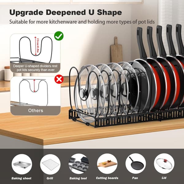 Pot and Pan Organizer for Kitchen Drawer, Lid Organizer with 14 Adjustable Compartments, Black