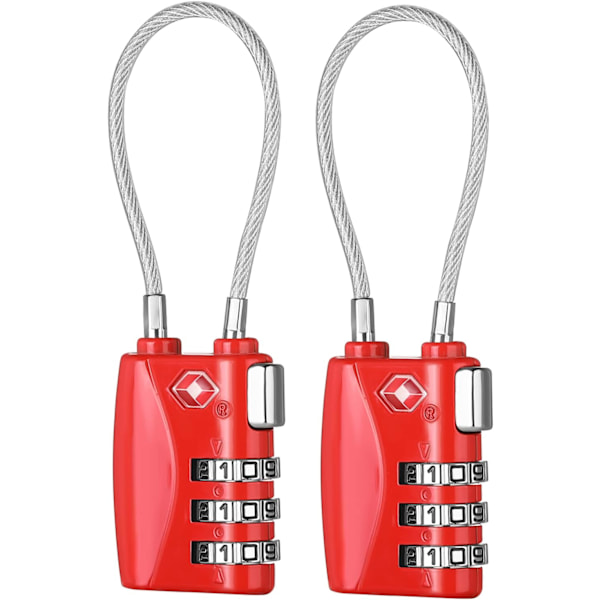 TSA-godkendte bagagelåse, kombinationsrejselåse til kufferter med fleksibelt kabel, 3-cifret kodetrådlås til rygsæk, attachémappe, våbentasker 2p, Red