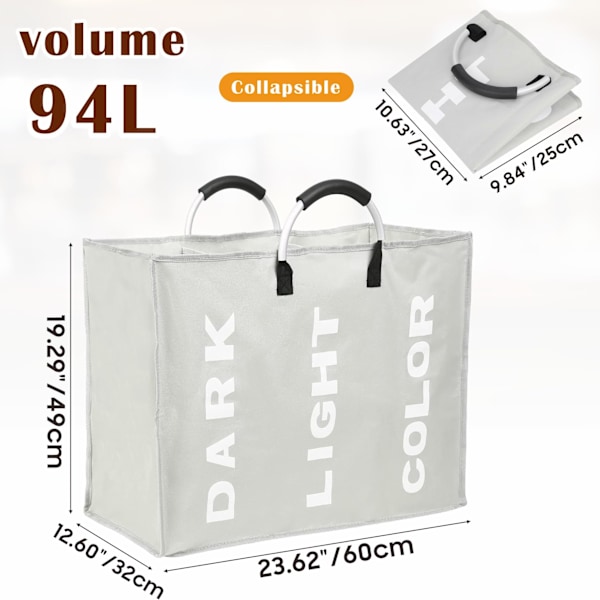 3-delad tvättkorg, ljus och mörk färg canvas, för förvaring av smutsiga kläder (grå) Light Gray