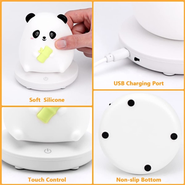 LED Nattlys for barn, Søt Panda Nattlys Mykt Silikon Nattlys med berøringssensor, Protable Led Animal Silikon Barnelampe USB (Panda)