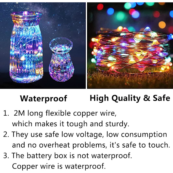 12 stk. Lysstreng, 20 LED Lys Kobbertråd Lys Batteridrevet, 2m Mikrobelysning Ildfluelampe til DIY Bryllup Fest Fødselsdag Flerfärgade