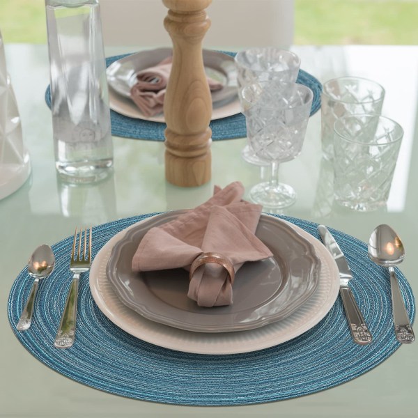 38cm vävda runda 6 delar bordstabletter Värmeisolering Flätad bomull Matbordsmattor Tvättbara bordsunderlägg för hemmafest Bröllopsrestaurang (blå)