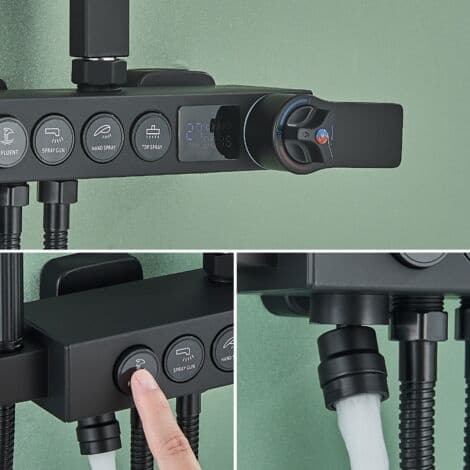 Black Thermostatic Shower Column with 40°C Mixer, with 4 Functions, Height Adjustable, for Bathroom