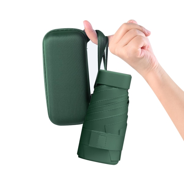 Minihopfällbart reseparaply, kompakt paraply vindtätt starkt, 6 revben bärbart anti-UV paraply med case, grönt