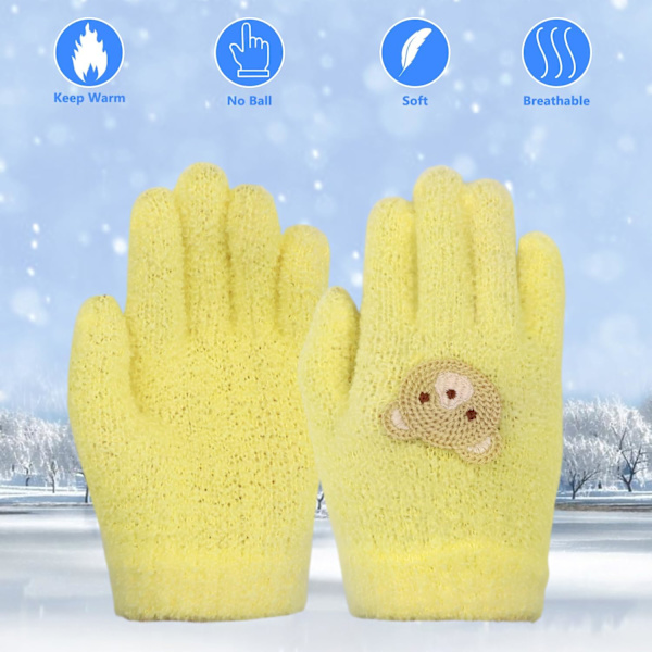 Barnehansker, Vintervarme Hansker for Gutter og Jenter, Strikket Barnehansker, Søte Dyr Elastiske Myke Fullfingerhansker, Plysj Ensfargede Hansker for Alder Yellow