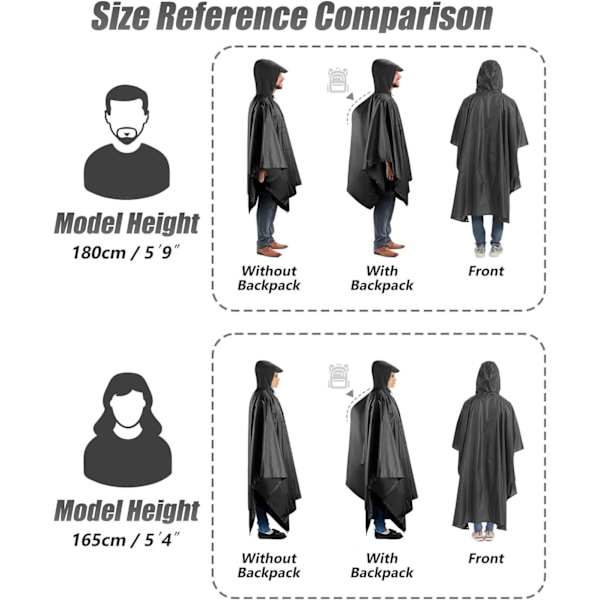 Vattentät Poncho Vuxen, Återanvändbar Regnponcho Vuxen Vattentät Poncho Vattentät Vuxen Lätt Vattentät Regnrock för Utomhus Vandring Camping C Black L