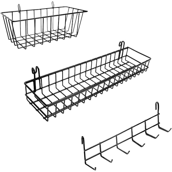 Hængende kurve og kroge til vægpanel | Tilbehør til vægpanel | Tilbehør til gitterpanel | Kurve og kroge til gitterpanel | Gitterpanel Black Accessories set 1