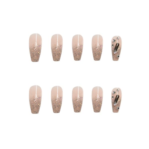 24 pcs 3D Rhinestone Coffin False Nails, Glossy Ballerina Acrylic Press-on Nails, Glitter Artificial False Nails with Glue