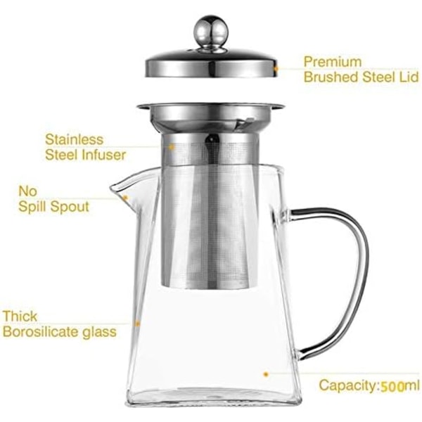 500ML Borosilikat Glas Tekande, Løs Te Kander med Infuser, Firkantet Tekande med Si, Komfur Mikroovn Sikker Tekande til 2 Square Shape 500ML