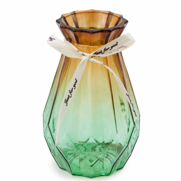 Glasvase Gradient Flerfarvet vase Geometrisk facetteret farverig glasvase til hjemmet, kontoret eller bryllup (brungrøn)