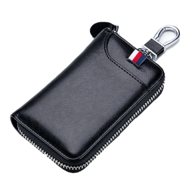 Bilnyckelring i läder Nyckelhållare nyckelplånbok, nyckelhållarplånbok, multifunktionell blixtlåsnyckelväska case (svart)