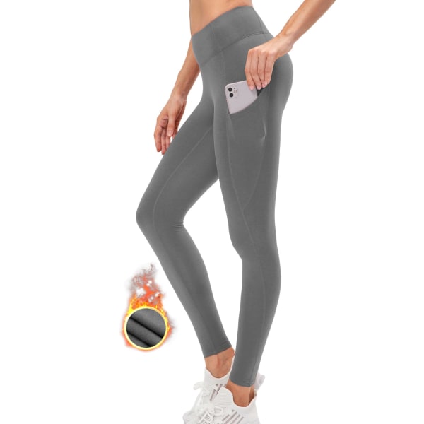 Fleeceforede termiske leggings til kvinder Bløde elastiske vintervarme gymnastik-leggings til kvinder Højtaljede mavekontrol yogabukser med lommer, L, grå
