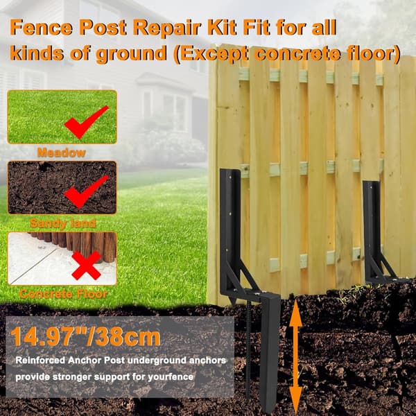 Fence Post Repair Spike - 2-Pack Fence Post Support Ground Spike for Leaning/Broken Wooden Fence Posts
