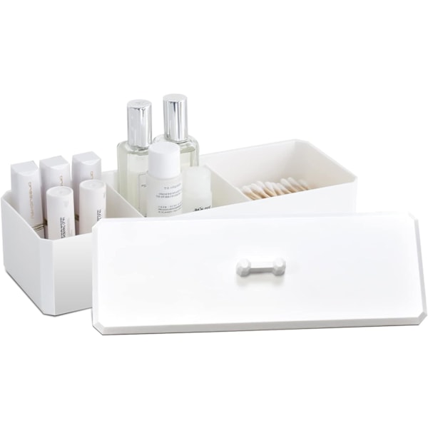 Holder for bomullspinner med 3 rom, oppbevaringsboks for bomullspinner, bomullsballer, bomullspads, plastbeholder med lokk for baderomstoalett Plastic White
