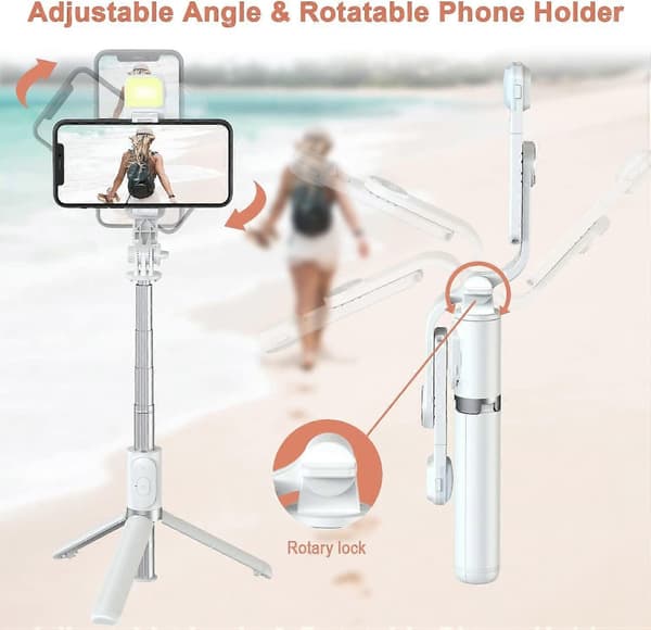 Selfie Stick Stativ med Fyllningsljus, Utdragbar Lättviktig Bluetooth Selfie Stick - Vit