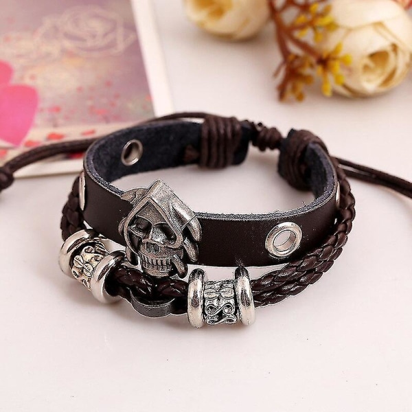 Beaded Læder Punk Vævet Kohud Armbånd Unisex Lovers Vintage Trendy Casual Sporty Punk Skull Brun Religiøs Tovkæde