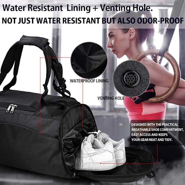 Gym Duffel Bag med skoskuff - Vanntett reiseveske - Stor sportsbag for menn eller kvinner - 40L Black