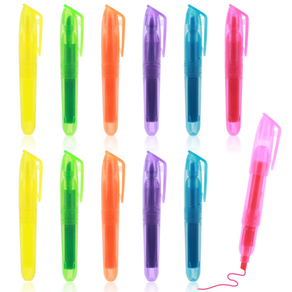 Mini highlighter-sæt, 12 stk. assorterede farver, flydende markører med skrå spids, lyse graffitimarkører, kontorartikler, farvelægningsgave til børn og voksne