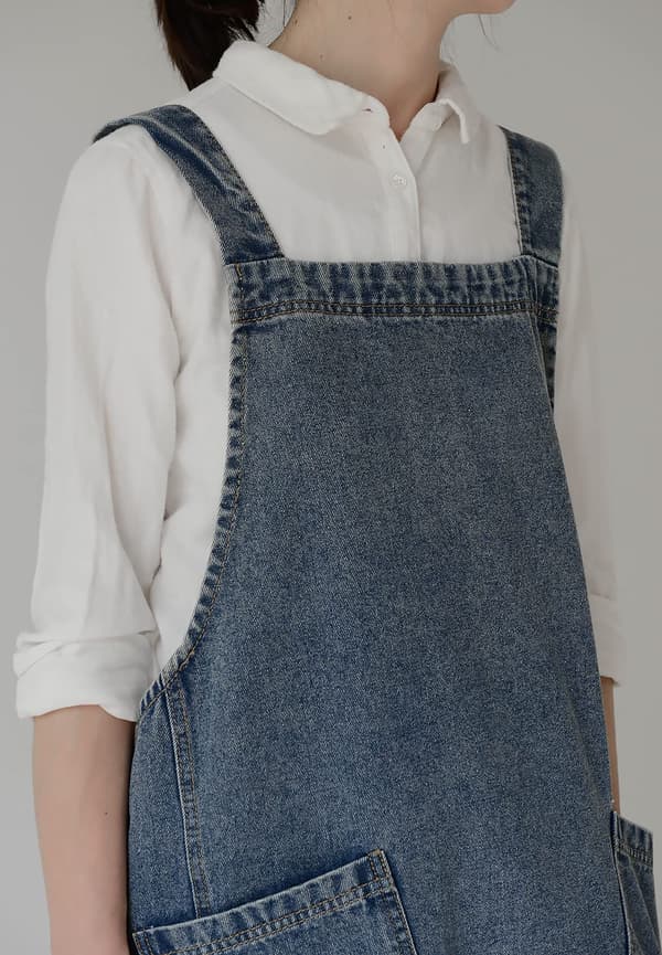 Denim Forklæde Uden Bindebånd - Krydsryg Forklæde med Lommer til Madlavning i Køkkener