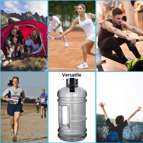 Halv gallon stor vannflaske, 2,2L/73 OZ stor lekkasjesikker sportskanne med håndtak, stor BPA-fri PETG plast bred munn drikkebeholder flaske Black