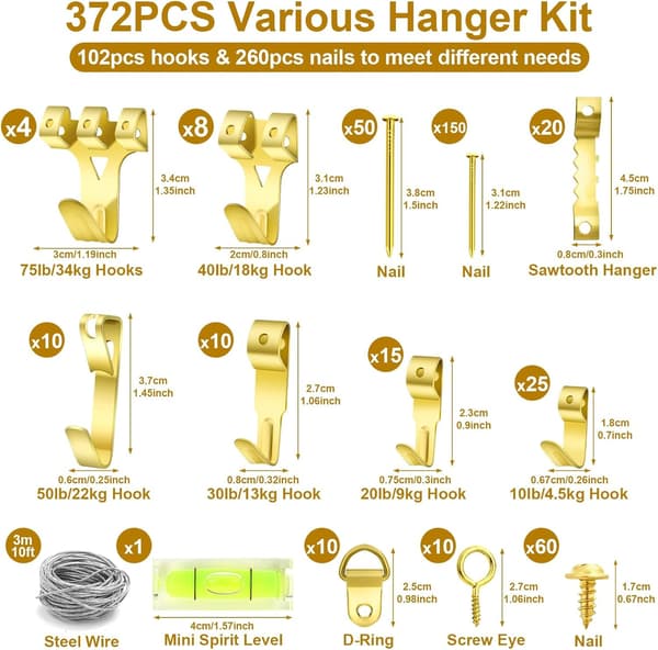 372 Pcs Picture Hooks for Frames with Hangers, Nails, Wire, Mini Level Frames Mirrors Canvas, Heavy Duty Drywall-75lbs