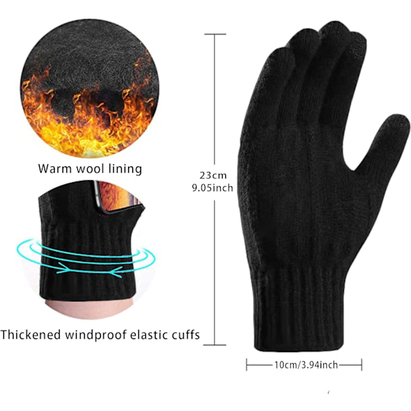 Unisex Vintervarme Strikkhansker, Tykke Fleece Elastiske Mansjetter Smarttelefonhansker Ullhansker Egnet for Vinterutendørs Sport Black