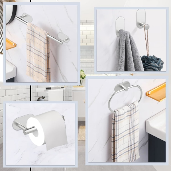 Sølv håndkleholder veggmontert toalettpapirholder håndkleholdere for baderom og kjøkken rustfritt stål håndklestativ selvklebende kroker - 5 deler Silver