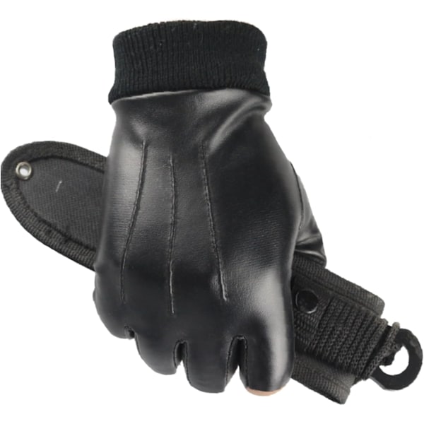 Fingerløse Termiske Læderhandsker Mænd Kvinder Varme Vinter Halvfinger Kørselshandsker med Tyndt Indre Fleece til Cykling Motorcykel Vandreture Black #B