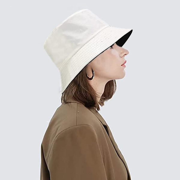 Söpö ämpärihattu rannan kalastajanhatut naisille, kääntyvä kaksisuuntainen käyttö PU Leather White