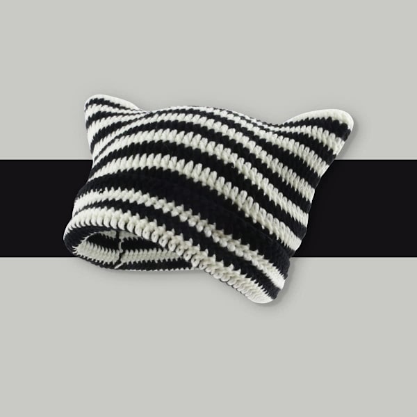 Dam Cat Beanie Stickade Hattar Med Öron Stickade Randiga Vinter Varma Slouchy Elastisk Mössa För Flickor Vuxna Barn Black white One size