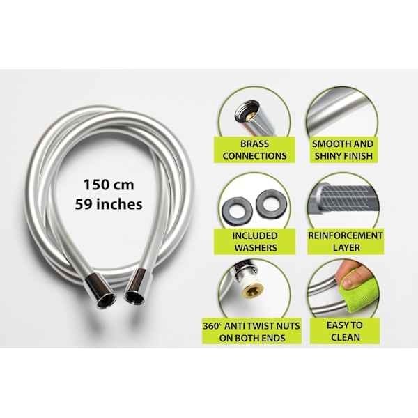 PVC glatt dusjslange 1,5 m / 59 tommer med anti-vridning messingforbindelser - universell erstatning, fleksibel, knute- og lekkasjesikker Silver