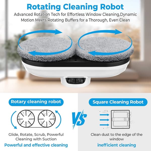 Automatic Window Cleaning Robot with 5600 Pa Suction Power, Intelligent Navigation, Remote Control, Edge Detection, and Safety Mode.