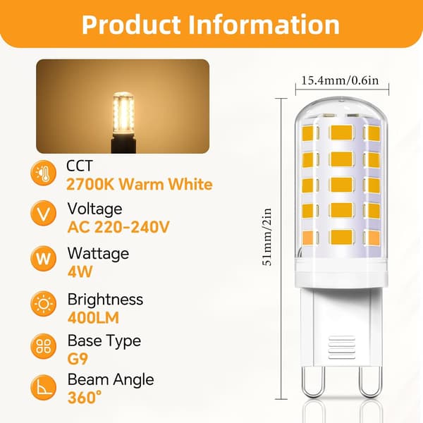 G9 LED-lampor, 4W varmvit 2700K-3000K, 400LM, halogenekvivalent; G9 40W, AC 230V, ej dimbar, 10-pack.