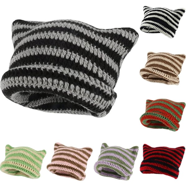 Dam Cat Beanie Stickade Hattar Med Öron Stickade Randiga Vinter Varma Slouchy Elastisk Mössa För Flickor Vuxna Barn Black, gray One size