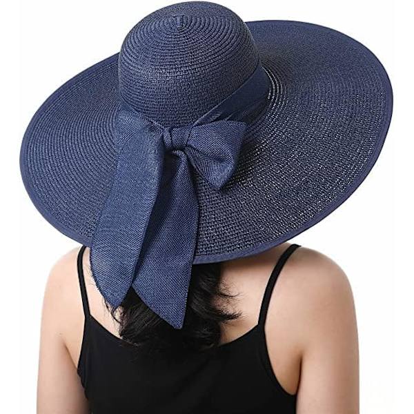 Kvinner Foldable Floppy Bred Brede Brede Solhatt Sommer Strandhatt UV UPF 50+ 02Style Bowknot Navy