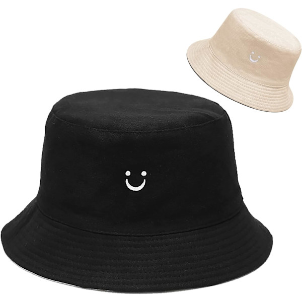 Söpö ämpärihattu rannan kalastajanhatut naisille, kääntyvä kaksisuuntainen kulutus Smiley Black Beige