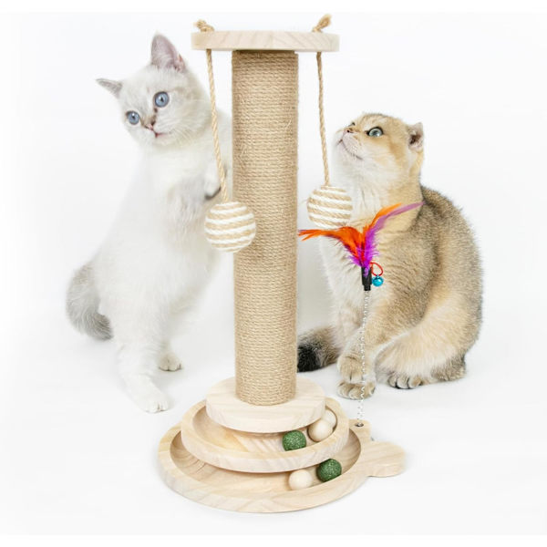 Kattklösträ med interaktiv spårboll, klösträ för inomhuskatter med stabil träbas, liten klösträ för kattungar, rolig klösträ för katter, 45 cm