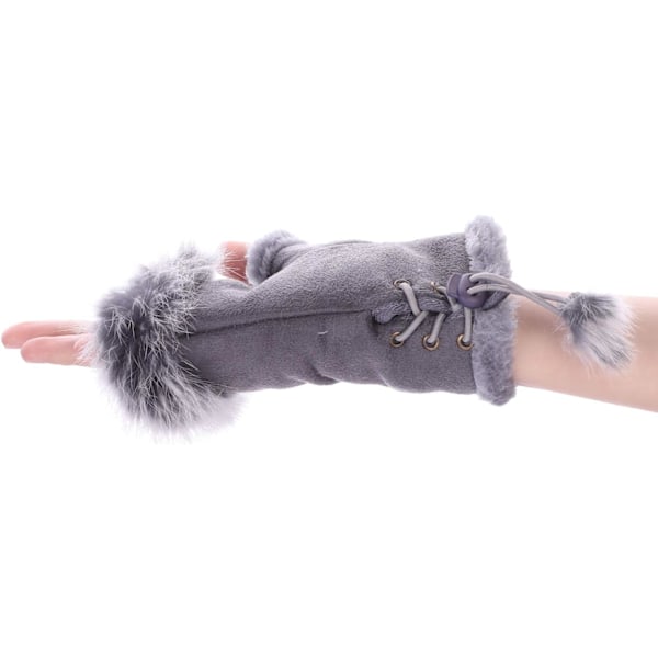 Vinterhandskar för kvinnor i konstläder med halva fingrar - Modevarma fingerlösa vantar med fleecefoder, varmare handledshandskar, pekskärm, tjock Light Grey