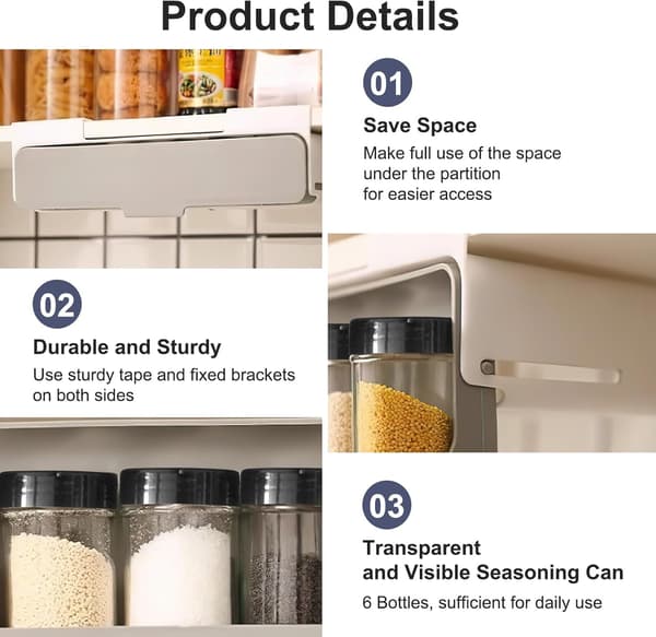 Spice rack with 6 spice jars, pull-out spice rack, kitchen shelf, spice rack without drilling (32 x 9.5 x 13.5 cm)