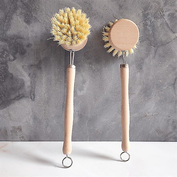 Wabjtam Solid Wood Bamboo Langskaftet Udskifteligt Hoved Sisal Gryde Børste, Køkken Rengøring Opvask Børste (1 stk, Log Farve)