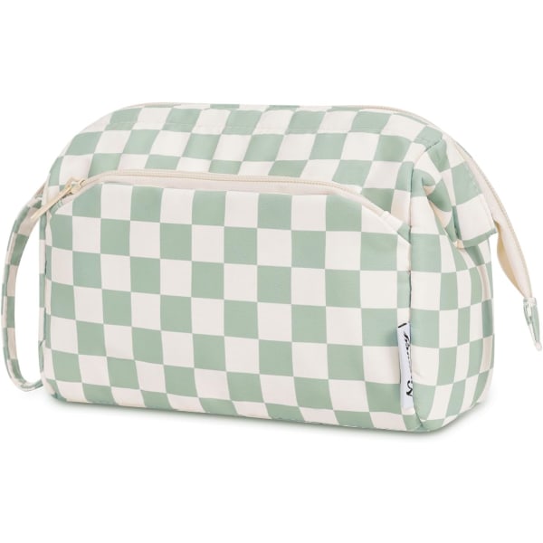 Suuri meikkilaukku, leveä vetoketjullinen pussi, organizer naisille (mintunvihreä shakkilauta) Mint Green Checkerboard