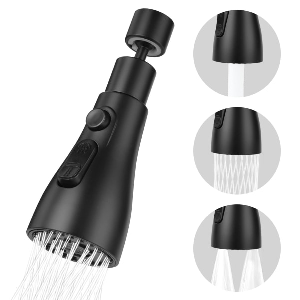Sort-spray køkkenvaskhane 360 grader, 3 tilstande køkkenhane dyse med belufter, køkkenvask mixer tap roterende hanehoved, universel justering