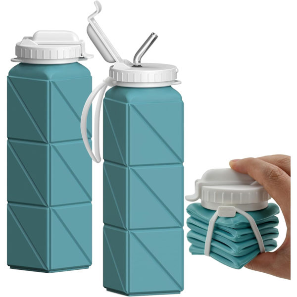 Sammenklappelig Vandflaske med Strå, Silikon Foldbar Bærbar Vandflaske 610ml Letvægts Genanvendelig Lækagesikker til Rejser Camping Vandreture Cykling Blue