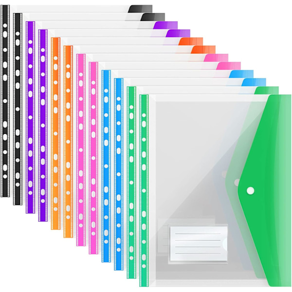 ble Punched Pockets A4 Plastlommer 12 Pakke A4 Mapper Lommer Plast Dokumentfiler Popper Lommer, A4 Transparent Lomme med Trykknap en Colored Expandable