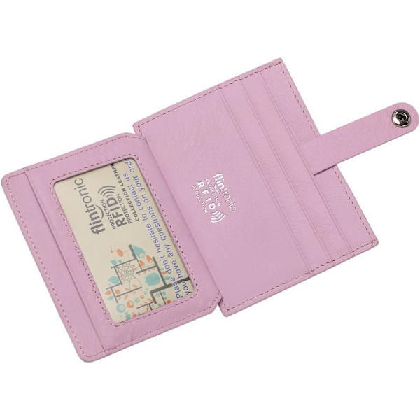 Kreditkortshållare, Rosa Bifold Plånbok Äkta Läder, RFID NFC-blockering med Myntficka med Övertäckt Knapp för Kvinnor #1 Rose