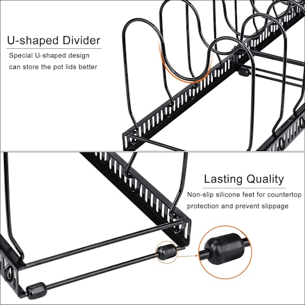 Expanderbar kastrullarrangör, 10 justerbara fack, skafferi skåp bakform lock platthållare, svart Pan Lid Organiser, Black
