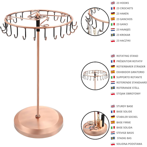 Smyckesställ i Koppar med Rotering (23 Krokar) - H34,8 x B20,5 cm / 13,70 x 8,07 Tum - Hängande Organiserande Tornställ - Förvaring för Copper
