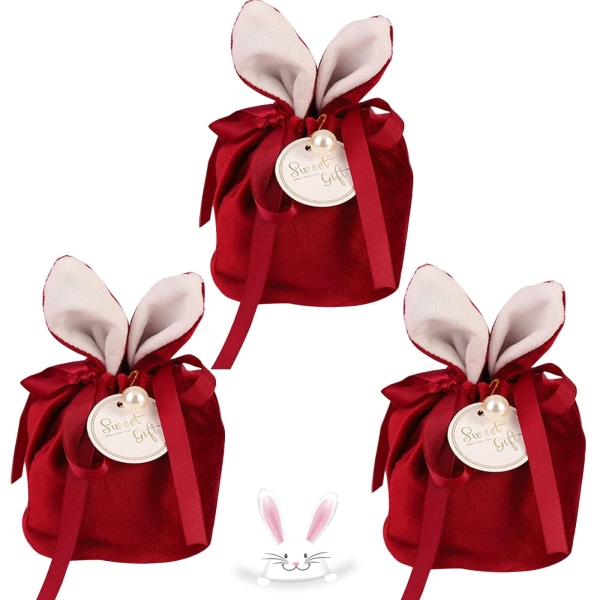 Små Gaveposer, Bunny Ears Gavepose 3 stk, Snørepose Fløjlssmykkeposer Søde Tasker, Røde Festtasker til Indpakning Bryllupsfødselsdag Baby